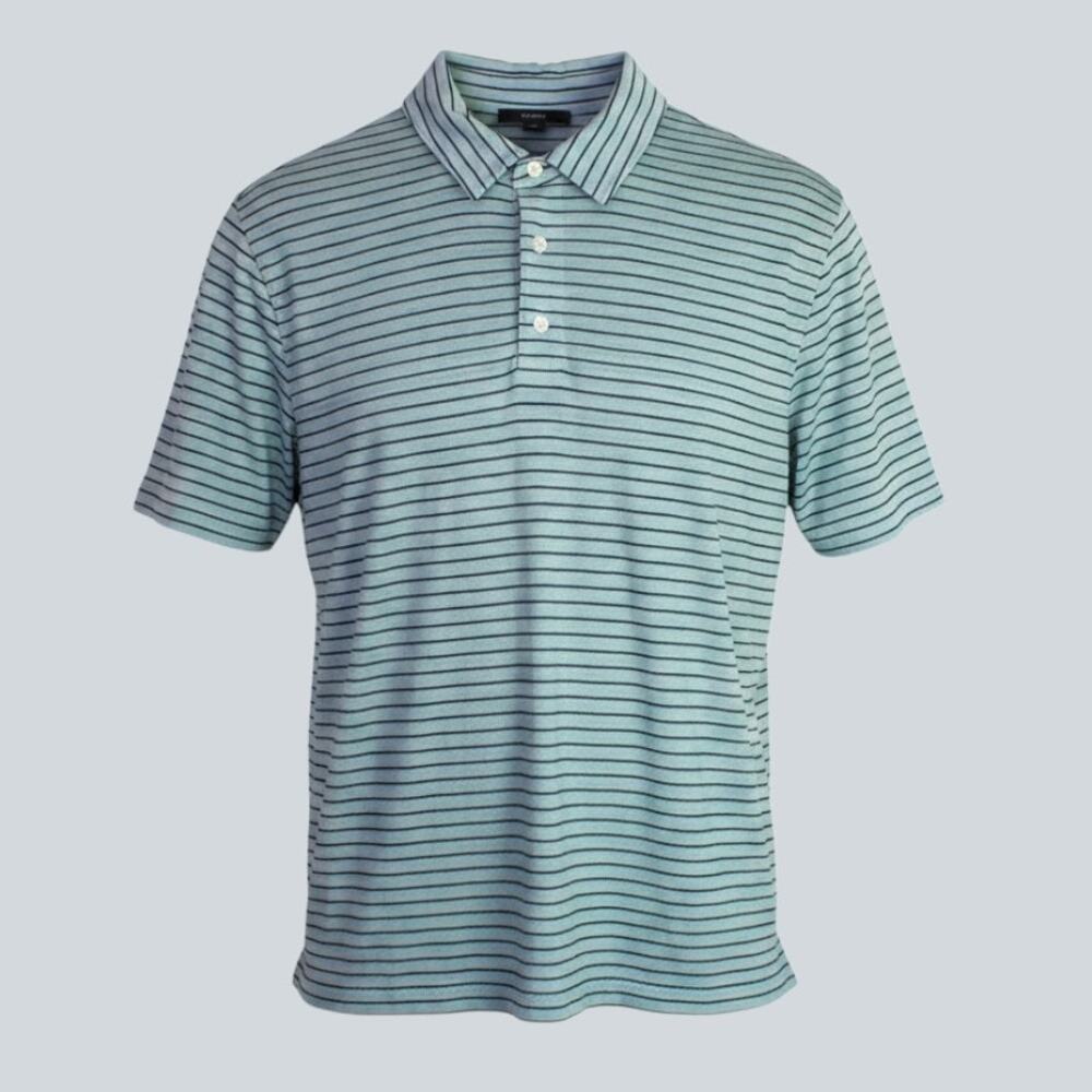 Vince. Striped Linen Jersey Polo Shirt in Seafoam Green & Black Men's Large